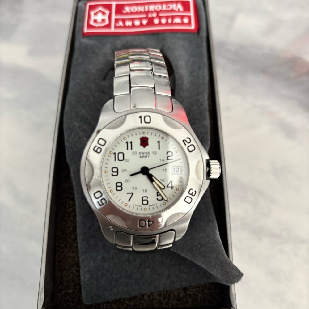 Victorinox Silver and White Watch with Metal Link Bracelet